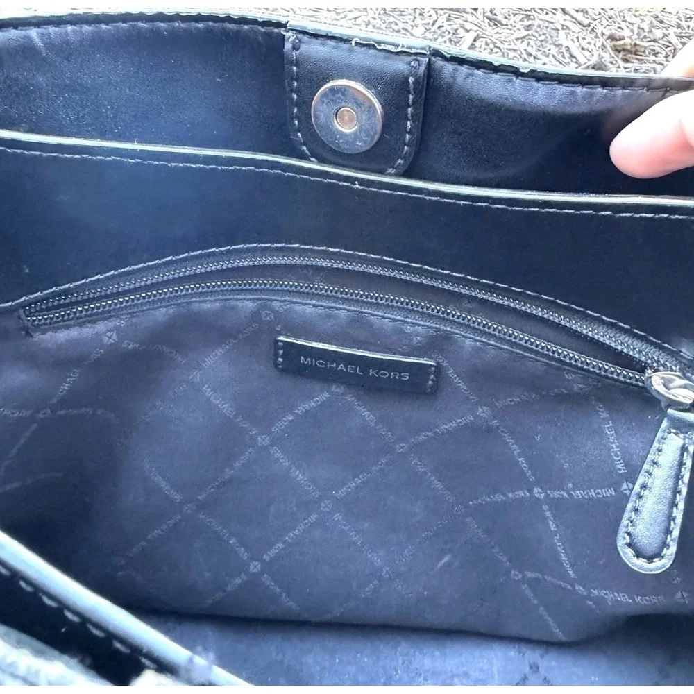 Michael Kors Black Monogram Logo Shoulder Bag Tote Silver Hardware MK Charm - Picture 10 of 11